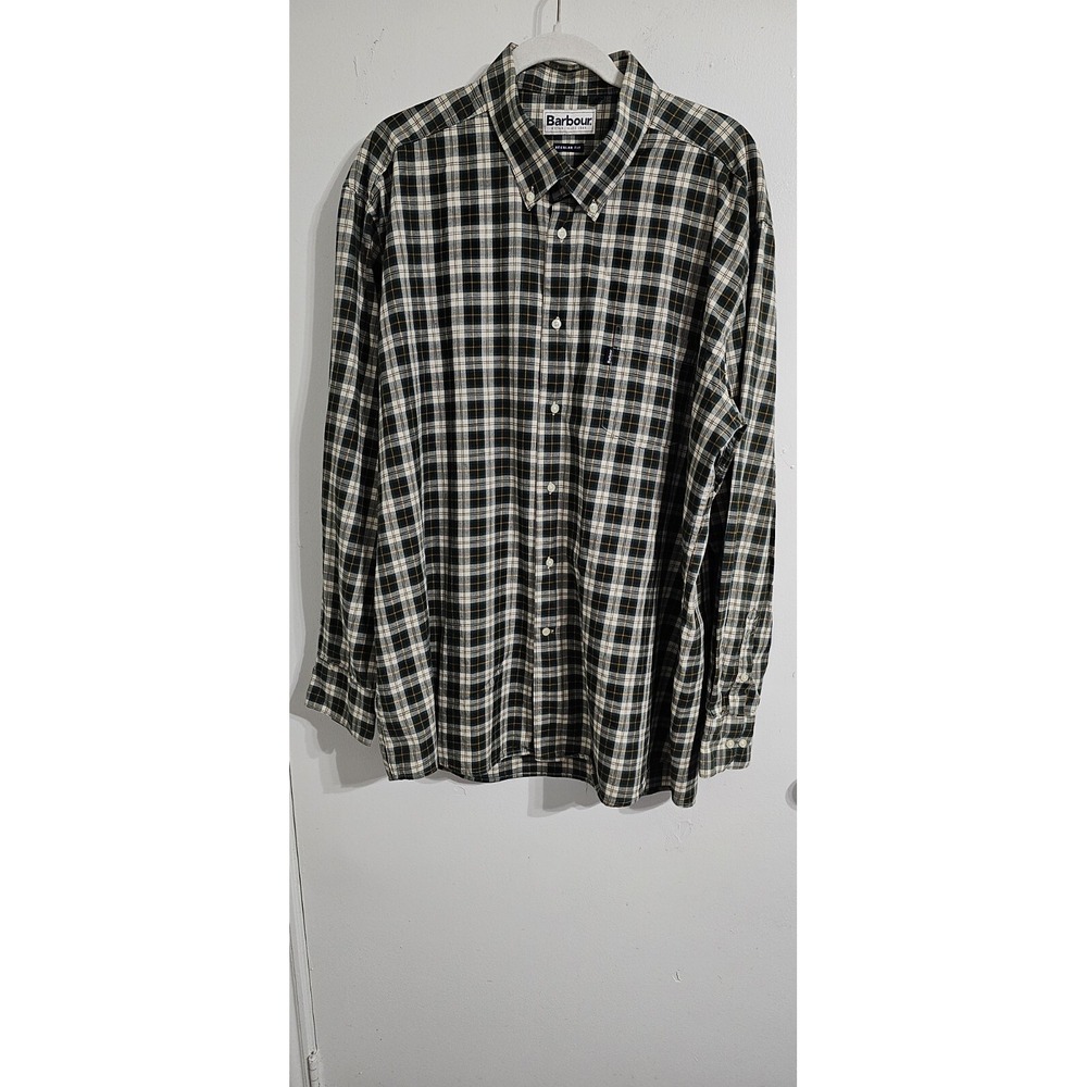 Barbour Traditional Fit Flannel Shirt Mens Extra Large Green Brown Plaid Casual